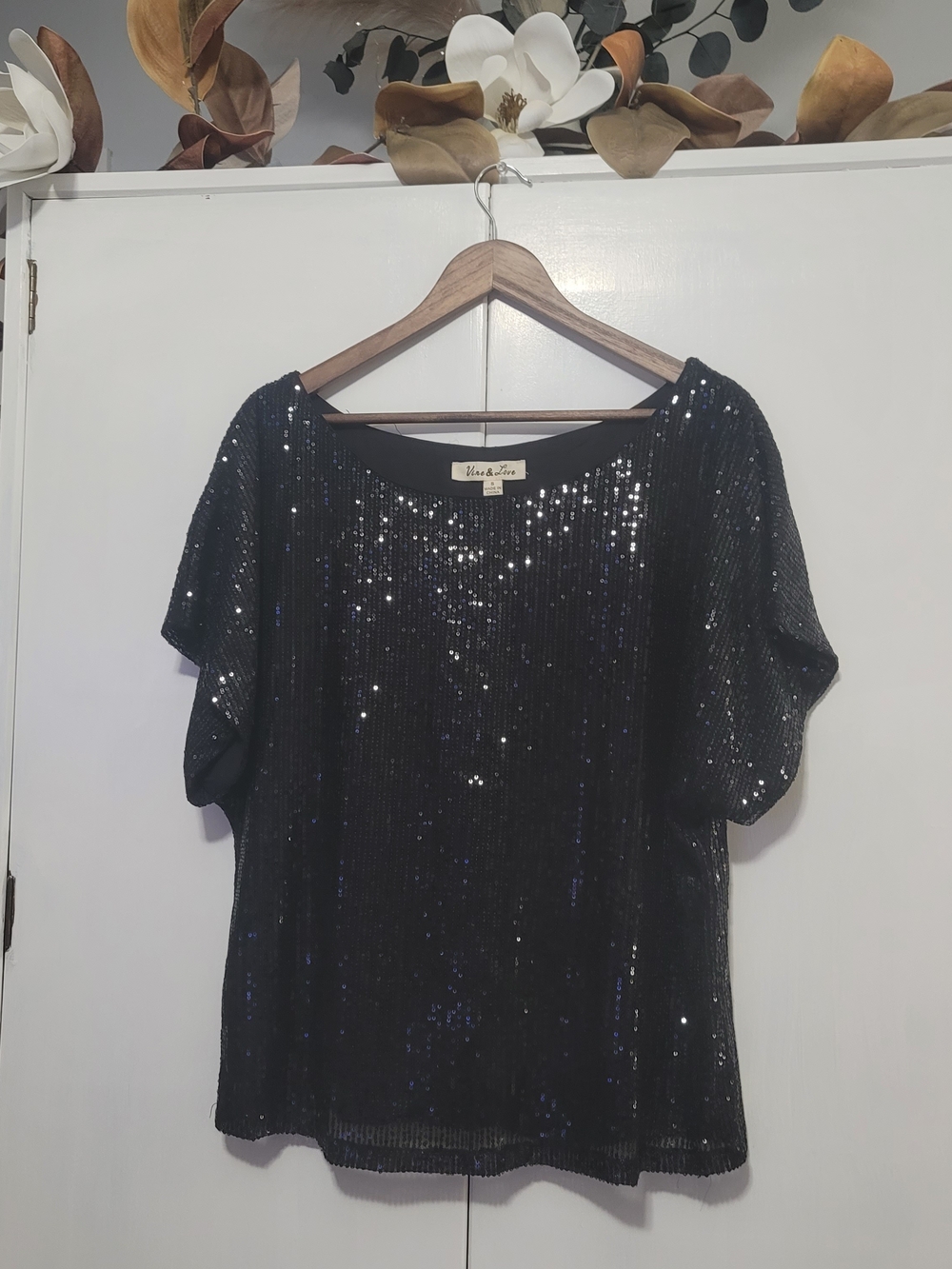Black Sequin Short Sleeve Top